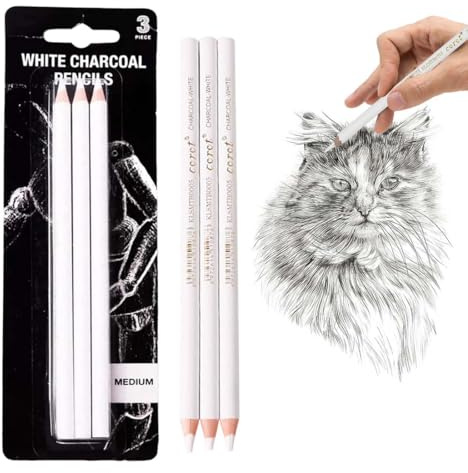 CEJAS 3 Pezzi Matite da Disegno, Matita Bianca Disegno, Matite Bianche a Carboncino per Dettagli e Schiariture nel Disegno