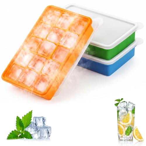 Zourglow 3 Pezzi Stampi per Ghiaccio in Silicone, 15 Cubetti Ghiaccio con Coperchio, Senza BPA e Impilabile, per Whisky, Cocktail, Cioccolato, Puree di Frutta, Facili da Rimuovere