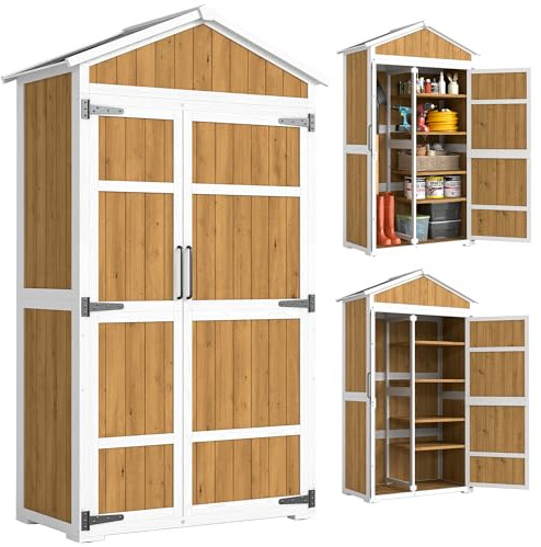 Outsunny Holz-Gartenschrank wasserdicht 105x55x179cm Weiß/Natur | Garten-Aufbewahrungsschrank, Metalldach, Doppeltür, für Gartengeräte