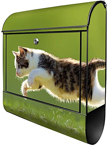 banjado Design Briefkasten mit Jagende Katze 38,5x46,5x13cm & 2 Schlüssel - Briefkasten Stahl schwarz mit Zeitungsfach pulverbeschichtet - Postkasten A4 Einwurf inkl. Montagematerial