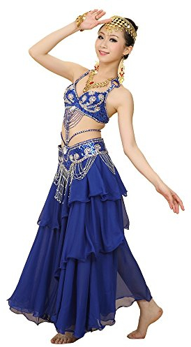 Best Dance Damen Bauchtanz Kostüm Sets BH Gürtel Vollkreis Rock Karneval Fancy Outfit Navy Blau