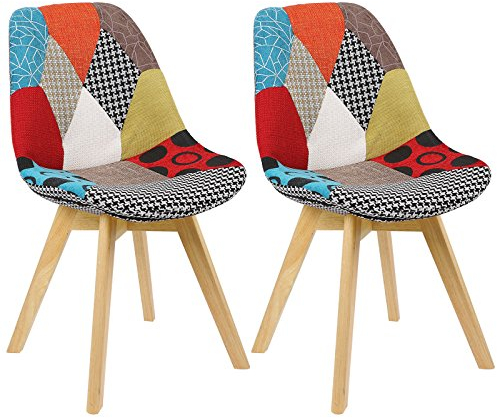 WOLTU Esszimmerstühle 2er Set, Küchenstühle mit Patchwork Design, Massivholz Beinen, Leinen, bis 150 kg belastbar, Mehrfarbig