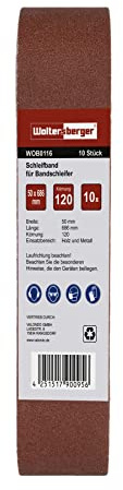 Woltersberger® 10 nastri abrasivi in tessuto, dimensioni 50 x 686 mm, grana P100, carta vetrata, per levigatrice a nastro/carta vetrata