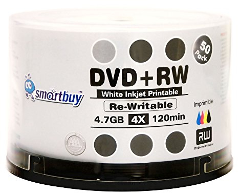Smartbuy 50 Pack Blank DVD+RW 4x 4.7GB 120Min White Inkjet Hub Printable Rewritable DVD Media Disc