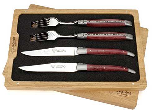 Laguiole en Aubrac - 2 Steakmesser und 2 Gabeln im Set - Griff Amaranth Holz - Original Frankreich mit Zertifikat