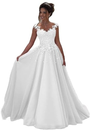 Beyonddress Damen Tulle Abendkleider Lang Hochzeit Spitze Prinzessin Ärmellos Brautkleid Ballkleider(Weiß,40)