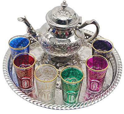 Juego de té marroquí completo, tetera de 800 ml, bandeja de 37 cm diámetro con patas y 6 vasos de colores