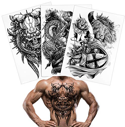 Qpout Voller Rücken Temporäre Tattoos für Männer Frauen - 3 Blatt, 18,8x13,3 Zoll Großes Bild Schwarz, Tribal Totem Wasserdicht, Realistische Dekoration Aufkleber