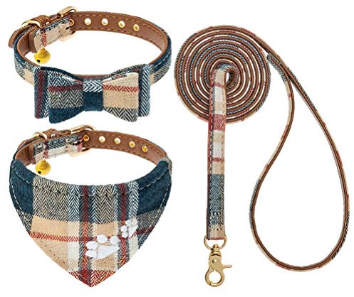 EXPAWLORER Hundehalsband und Leine, Set – Klassisches Kariertes Hundehalsband mit Fliege und Pfotenabdruck, Hundehalsband mit niedlicher Glocke, kein Verheddern, verstellbare Halsbänder für Welpen,