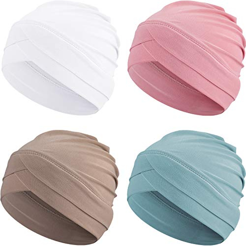 Geyoga 4 Stück Damen Turban Chemo Kopfbedeckung Krebs Kopfwickel Dehnbar Turban Schlafmütze (Mintgrün, Khaki, Weiß, Hellrosa)