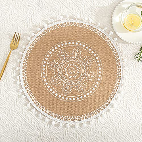 4er-Set Mandala Runde Platzsets, Jute Tischsets mit Pompon-Quaste, Neutrale Rustikale Platzset für Esszimmer, Küche, Tischdekoration (4 Stück,E)