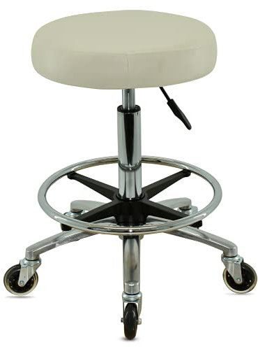 VAKON SALON - Premium Rollhocker weiß mit Fußring - Höhenverstellbar von 55-75 cm - Rundsitz Drehhocker Arbeitshocker Praxishocker