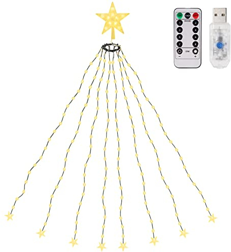 SALCAR 1,5m Christbaumbeleuchtung mit Ring, Weihnachtsbaum Lichterkette und 1 Weihnachtsbaumspitze Stern, 130 LED Lichterkette für Baum, Tannenbaum, Grüngürtel, Busche - Warmweiß