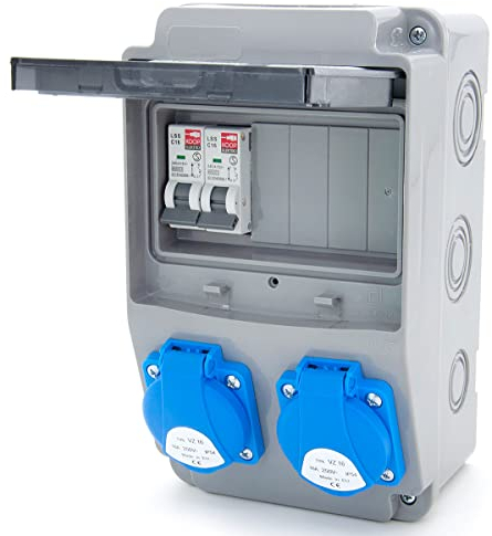 ELS Elektrotechnika distributore cablato da cantiere distributore da parete distributore di potenza con fusibili e prese Schuko 2x230V+2x interruttori magnetotermici C16, per ambienti interni/esterni
