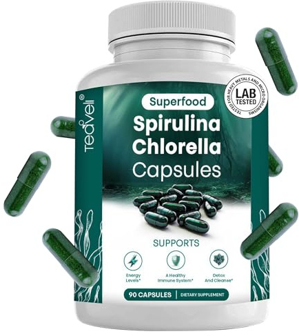 Spirulina and Chlorella Capsules – Chlorophyll Pills & Blue Green Algae to Support Powerful Detox, Energy & A Healthy Immune System– 3X More Chlorella Spirulina Powder/Serving – 90 Ct