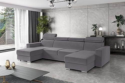 ALTDECOR Ecksofa in U-Form mit Schlaffunktion und Bettkasten mit Gasdruckfeder, Polstercouch Wohnlandschaft rückenecht gepolstert, ideal als Gästebett - FIX - 306x168 cm Grau