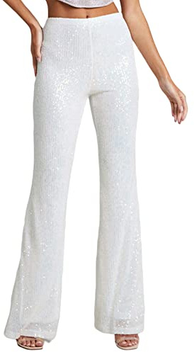 Yassiglia Glitzer Hose Damen Wide Leg High Waist Hose mit Pailletten 70er Elegante Schlaghose Stretch Hosen für Club Party Fest Tanzen