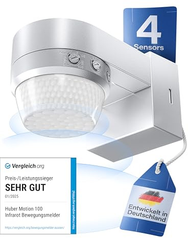 HUBER Motion 100 Infrarot Bewegungsmelder 360°, grau | 4 Sensoren, Fresnel-Linse, IP65, LED geeignet, Unterkriechschutz & Bereichsbegrenzung, Wand-/Deckenmontage