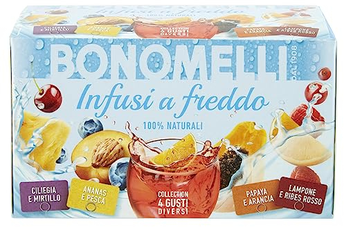 Bonomelli - Infusi a Freddo Collection 4 gusti, 20 bustine. Ciliegia e Mirtillo, Papaya e Arancia, Ananas e Pesca, Lampone e Ribes Rosso (40g)