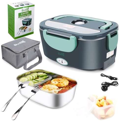 Budth 80W Electric Lunch Box, Portable Food Warmer for Car Truck Office, 12V 24V 220V Adapter, Leak Proof, 304 Stainless Steel Container, SS Fork & Spoon and Carry Bag (GreyGreen)
