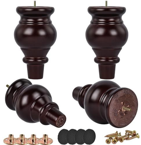 Btowin 5 Inch / 12cm Solid Wood Furniture Legs, 4Pcs Mid-Century Modern Walnut Turned Wooden Bun Feet with Threaded M8 Hanger Bolts & Mounting Plate & Screws for Sofa Couch Cabinet Armchair Recliner