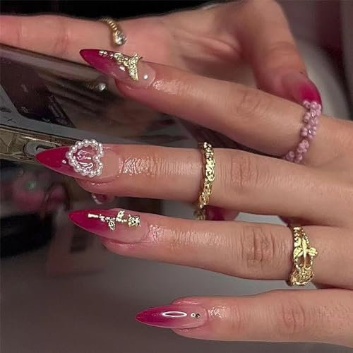 24pcs Medium Almond False Nails Red Ombre Stick on Nails 3D Gold Flower Pearl Heart Press on Nail Removable Glue on Acrylic Full Cover Fake Nail Art Accessories for Women