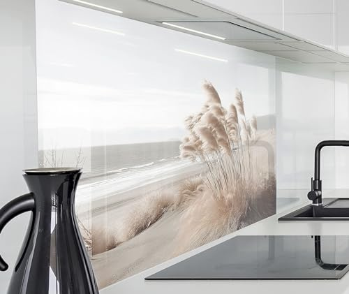 timalo Spritzschutz Wand für Herd, Küche Küchenrückwand Glasoptik | Acryl Glas 2mm | Glasrückwand Acrylglas Wandpaneele Rückwandschutz Platte | 120x60cm Meer Düne Pampasgras