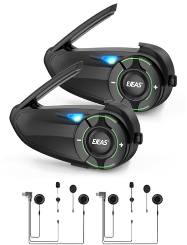 EJEAS Q8 2PC Motorcycle Bluetooth Headset, Upgraded Mesh 3.0 Intercom System with Music Sharing and IP67 Waterproof for 6 Riders Group Talking