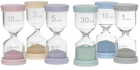 TFA Dostmann Buntes Sanduhren-Set, 18.6012.30, mit 6 Farben (1, 3, 5, 10, 15 oder 30 Minuten), Zeitmesser für Zähneputzen, Hausaufgaben, Schule, Sport, Büro, Kochen, aus Glas mit Silikonrand, bunt