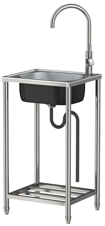 Edelstahl Multifunktionswaschtisch,Kommerzielle Edelstahlspüle mit 360° Wasserhahn,Arbeitshöhe 82cm Spültisch für Outdoor und Camping, Edelstahlspüle zur Erweiterung der Outdoorküche |33x38x82cm|