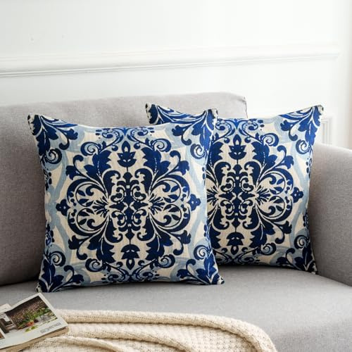 DakTou Fundas Cojines 50x50 Boho Azul Vintage Geométrico Mandala Floral Lino Cuadrado Fundas para Cojines Decorativos Fundas para Almohadas para Sofá Cama Jardín Exterior Home Decor Juego de 2