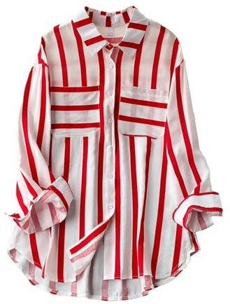 Womens Long Sleeve Striped Shirt Blouse for Work Women's Mid Length Vertical Stripe Casual Loose Long Sleeve Shirt Top 2025 Women's Cotton Shirts White Shirt (Red, XXL)