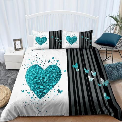 Copripiumino Semplice Cuori E Strisce con motivo, Bianco Nero Parure Copripiumino con Cerniera Microfibra Stampa Biancheria da Letto per Ragazzi e Ragazze 250 x 200 cm Copripiumino