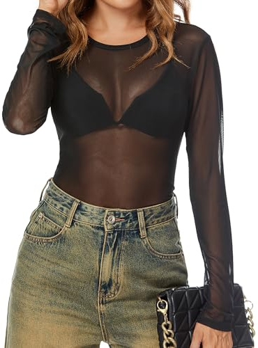 IECCP Dam, mesh-top sexig spets-top långärmad genomskinlig toppar för kvinnor UK Sheer blus för fest, klubb, natt ute, Svart, S