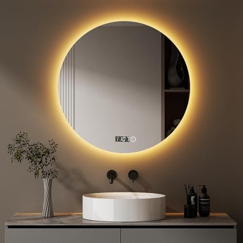 Hopibath LED Badspiegel Rund mit Uhr 80x80cm LED Spiegel Rund Spiegel Bad Runder Badezimmerspiegel mit Beleuchtung Wandspiegel mit 3 Lichtfarbe Dimmbar Touchschalter