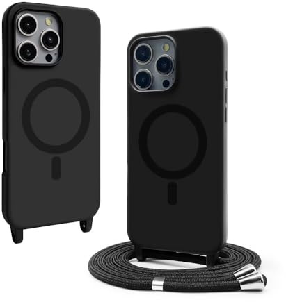 VAVAVOOMY Handykette Hülle für iPhone 13 Pro Max(6.7) mit Band Halsband Lanyard (abnehmbar) Handyhülle, Verstellbarer Lanyard.Magnetisch Stoßfest Silikonhülle Wireless Charging kompatibel .-Schwarz