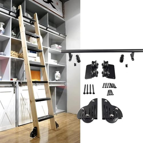 Schiebeleiter-Kit, schwarzes Rundrohr-Rollhardware-Kit mit Bodenrollenrädern für Mobile Bibliotheksschienen, Schienen-Kit 12 Fuß/366 cm