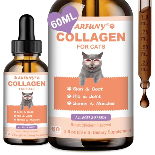 Kollagen för katter, stöder leder, hud, kappa och matsmältning | Kollagendroppar för katter, immunstöd, med MSM, hyaluronsyra, taurin, 60 ml, rostad kycklingsmak
