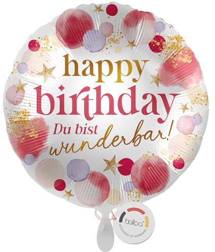 balloa Folienballon XXL Happy Birthday Du bist wunderbar, großer runder Heliumballon als Geburtstagsgeschenk oder Deko für Frauen, rosa Luftballon mit Gold, befüllbar mit Luft oder Helium, 53cm