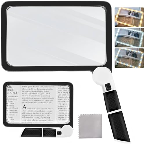 5X Large Full Page Magnifying Glass, 48 LED Handheld Full Page Magnifying Glass,Lightweight Shatterproof Magnifier for Seniors, Low Vision, Reading Books/Medication Labels (Battery Not Included)