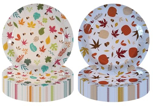Heiboa 40 Count Disposable Paper Dinner Plates, 9 inch Pumpkin Leaf Disposable Plate for Party Birthday Halloween Thanksgiving Christmas Autumn and Winter Festival