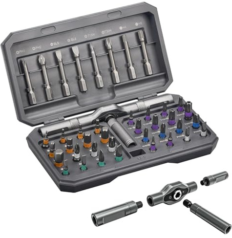 Juego de Destornilladores 42 en 1 Magnético, con Trinquete, Puntas S2 Acero, Empuñadura en T Extraíble, Maletín de Almacenamiento, Para Ensamblaje Muebles, Bicicleta y Electrónica