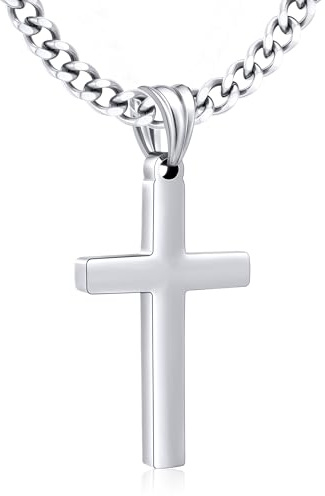 ESPVO Cross Necklaces for Men Boys Mens Cross Pendant Necklace Stainless Steel 4mm Cuban Link Chain Silver/Gold/Black Crucifix Christian Confirmation Baptism Jewelry Gifts 16/18/20/22/24in