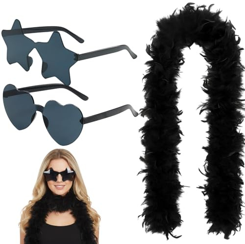 JqruiTbeis Federboa Schwarz, 3-teiliges Set，1.8m Lange Schwarze Federn, Herz-Form Sonnenbrille Und Stern-Form Sonnenbrille,Ideal Für Partys, Karneval Und Hochzeiten