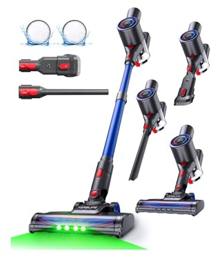 Aspiradora sin Cable 40KPA/500W/45MIN,Escoba Aspiradora Inalámbrica con Pantalla LED,Luz Verde,Diseño Autoportante,Tubo Telescópico y Filtro HEPA,para Pelo de Mascotas,Suelo y Alfombra (Azul)