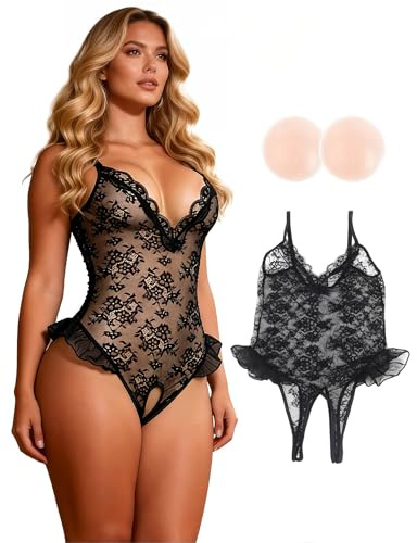 comeondear Body Sexy Mujer Abierta Lenceria de Encaje | Conjunto Lencería Abierto Body Lencero Escote en V Profundo Ropa Interior Sin Entrepierna Talla Grande Lingerie Sin Espalda