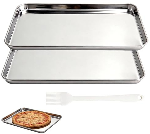 XRVRILE 2 stycken bakplåt, rostfritt stål, grillskålar, kakplåt, 26,5 x 20,5 x 1,2 cm, tårtplåt rostfritt stål, värmebeständig, lätt att rengöra, för bakning, stekning och servering av mat