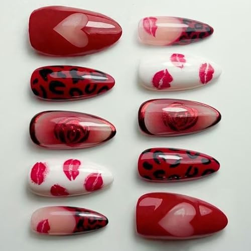 Confezione Da 30 Unghie Artificiali Con Labbra Rosse Design a Forma a Forma Cuore Unghie Finte Per Stili Alla Facile Applicazione Stampa a Mandorla Sull'unghia