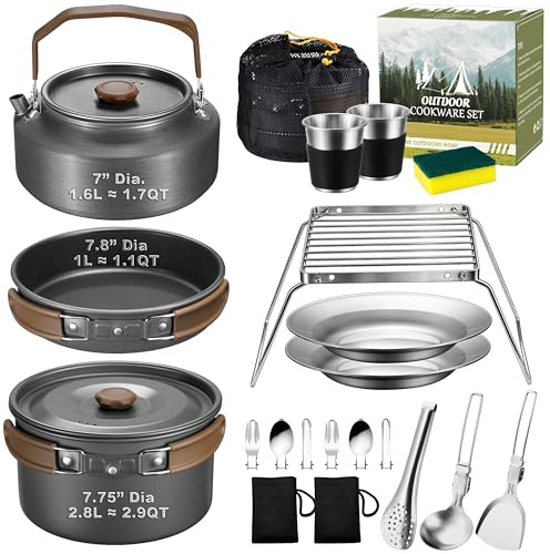 18Pcs Camping Cookware Mess Kit, Joyfair 7.8” Nonstick Camp Cooking Utensil Set (Pot, Pan, Kettle, Grill Grate), Outdoor Backpacking Gear Open Fire Essentials Accessories, Compact/Portable/Lightweight