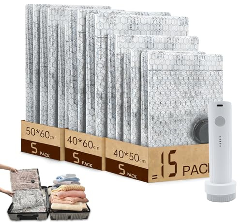 Vakuumbeutel für Kleidung mit kabelloser Elektropumpe, 15 Stück Set (5S, 5M, 5L) – Platzsparende & wiederverwendbare Aufbewahrungsbeutel aus PE+PA für Reisen, Umzug und Kleiderschrank-Organisation